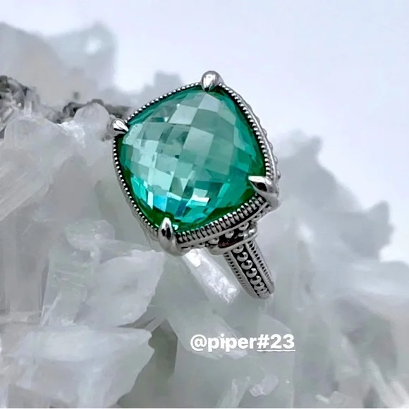 EUC Judith Ripka Sterling Silver 3.0 carat synthetic Paraiba Spinel Cushion Ring - Picture 3 of 10